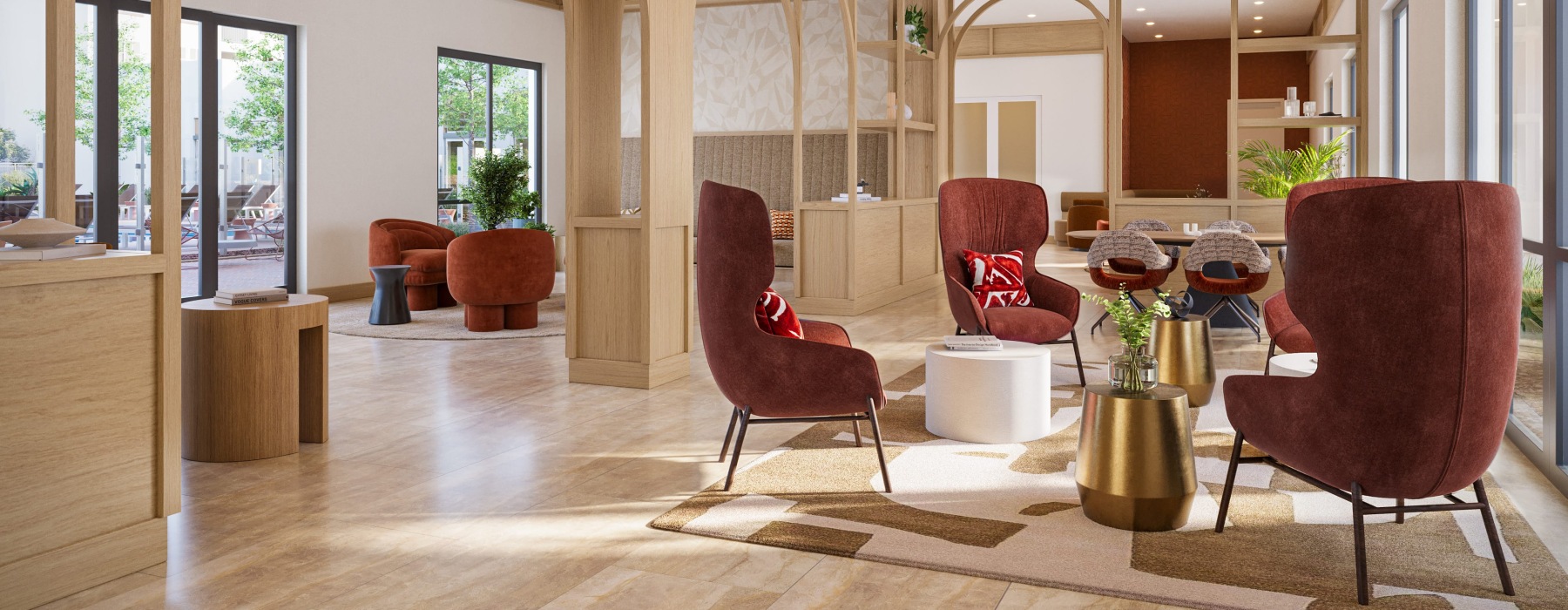 lounge with modern decor and ample seating