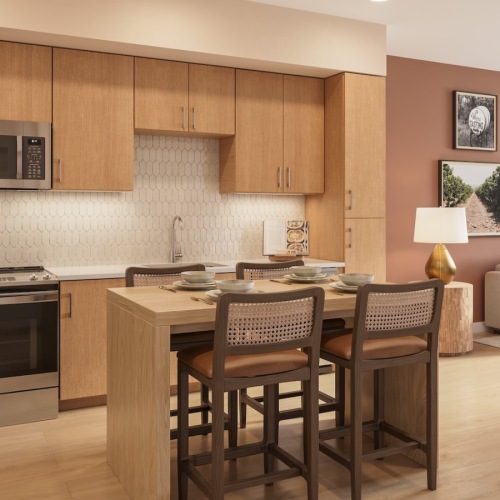 a kitchen with wood cabinets