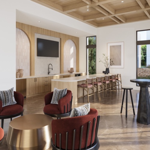 a community kitchen with tables and chairs