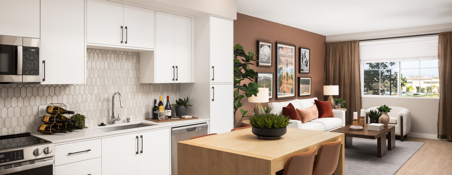 Spacious Kitchen with Design Features and Living Room at Montessa Heights apartments in Murrieta, CA